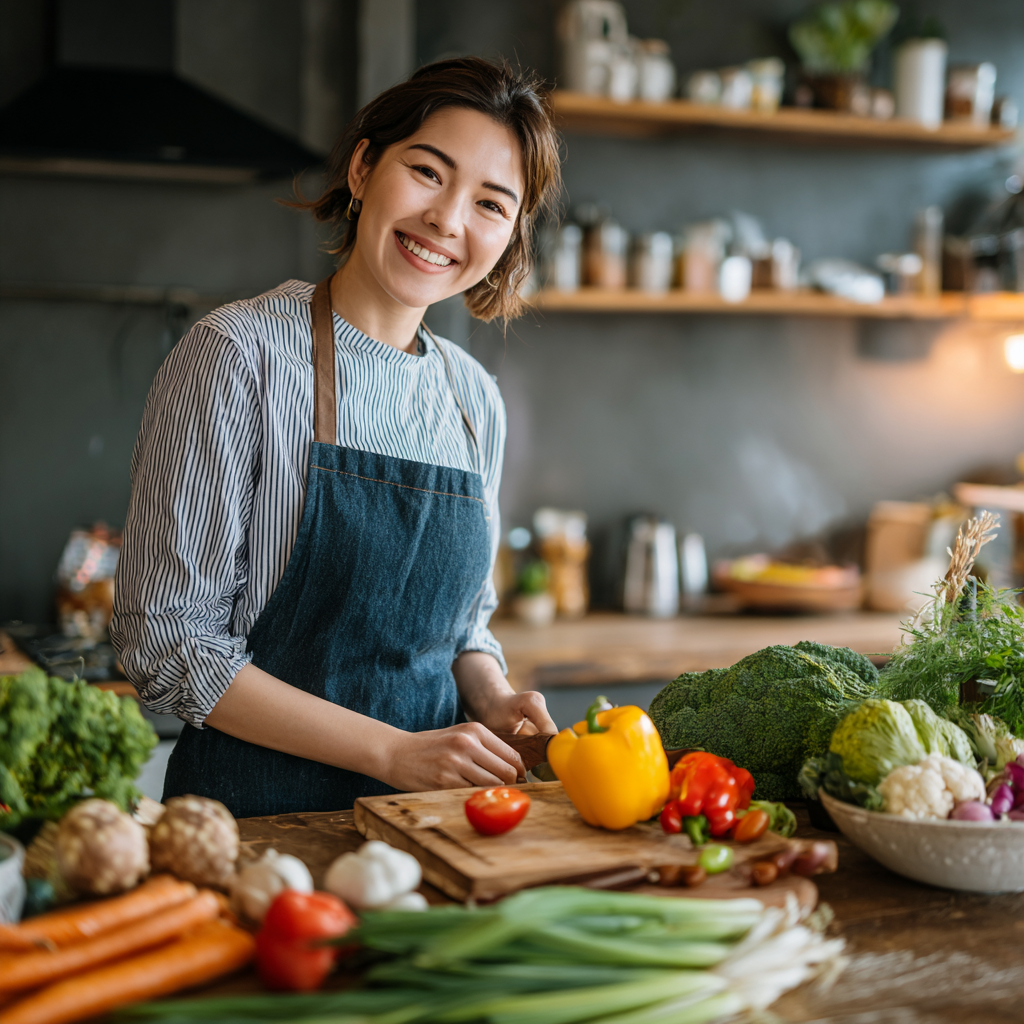 Smiling middle-aged Kazakh woman holding a colorful salad bowl in a bright kitchen, showing satisfaction with healthy nutrition planning