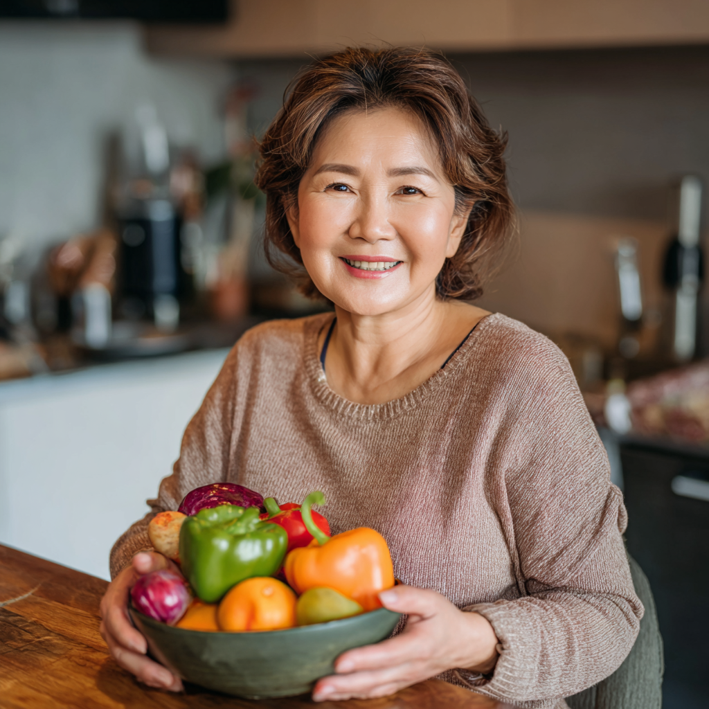 Elderly Kazakh man in his 60s enjoying a fresh vegetable meal at home, demonstrating natural nutrition philosophy and healthy aging through proper diet